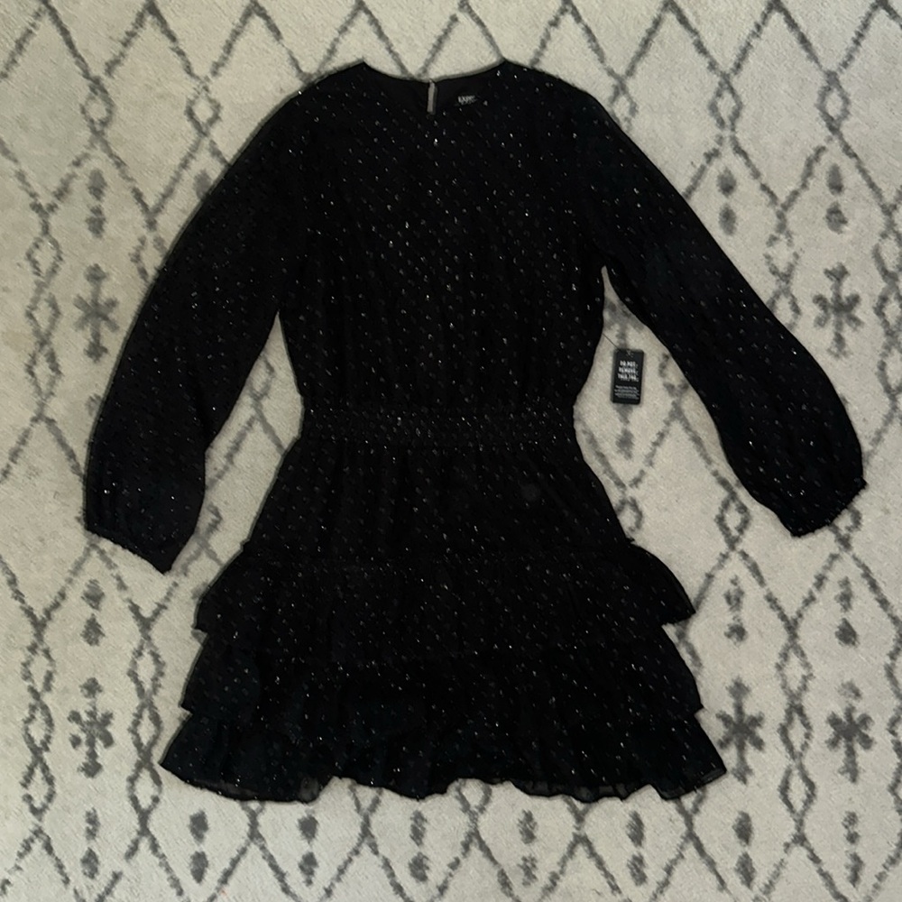 Express Black Long Sleeve Simmer Polka-Dot Textured Ruffle Skirt Mini Dress
